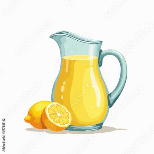 Refreshing pitcher with lemonade and fresh lemons on white background. Lemonade in glass pitcher showcases vibrant yellow color, accompanied by sliced lemon for garnish.