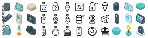 Smart home device icons set – isometric, silhouette, automation and technology symbols