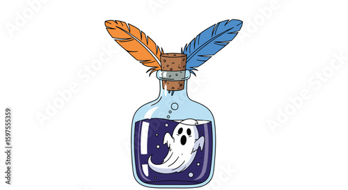 Mysterious ghostly elixir in a corked bottle adorned with feathers