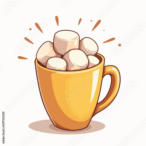 Whimsical mug filled with marshmallows overflowing and vibrant splashes around. Cozy mug showcases fluffy marshmallows, perfect for warm beverages during winter.