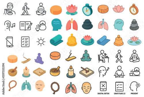 Meditation solid icons set – filled, mindfulness, relaxation and tranquility symbols