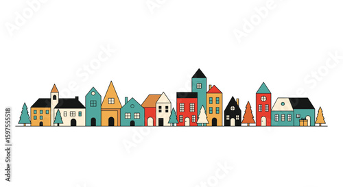Charming european townscape featuring colorful buildings and festive trees