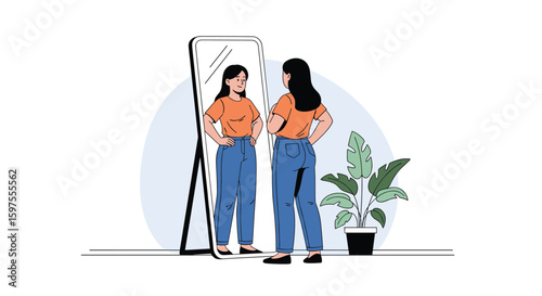 A woman confidently looks at herself in the mirror preparing for her day