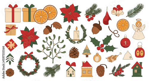 Festive holiday celebration decorations and elements for christmas winter season