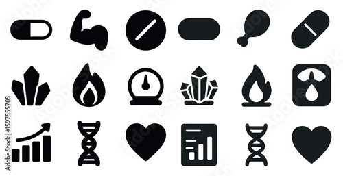 Fitness and health solid icons set – filled, flat, wellness and exercise symbols