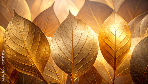A close-up view of golden leaves, showcasing intricate textures and warm lighting.