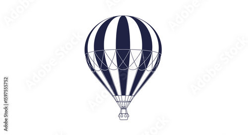 Elegant dark blue and white striped hot air balloon ascending high above with intricate basket details