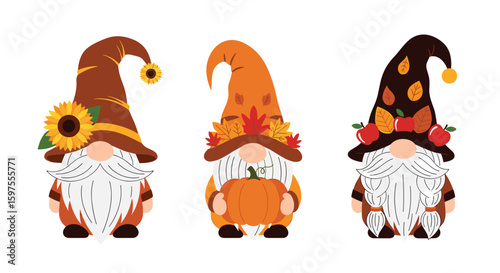 Three adorable autumn gnomes with pumpkins and leaves displayed together