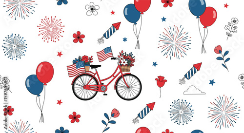 Celebratory bicycle ride with festive decorations and firework displays occurring