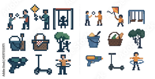 Recreation and leisure pixel art icons set – gaming, playful, digital symbols