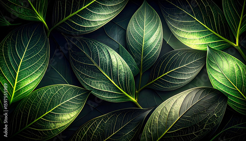 A close-up view of lush green leaves with intricate veins and textures.