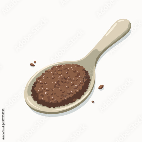 Chia seeds in spoon with textured coating and scattered seeds on white background. Chia seeds in spoon highlight healthy nutrition and superfood benefits.