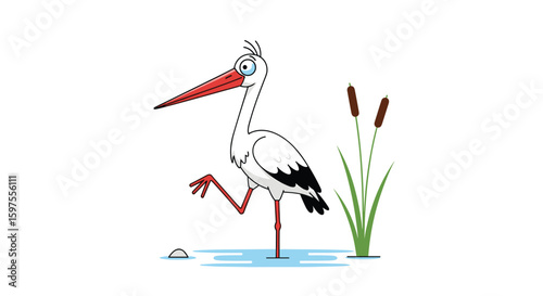 Whimsical stork standing on one leg in water with cattails nearby and cloudy eyes