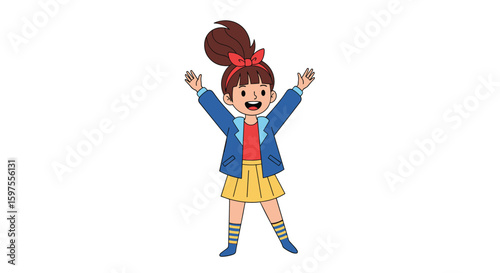 Joyful young girl with arms raised in celebration and happiness