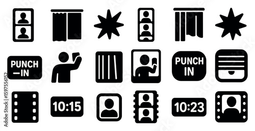 Photo booth solid icons set – filled, self-portrait, instant picture symbols
