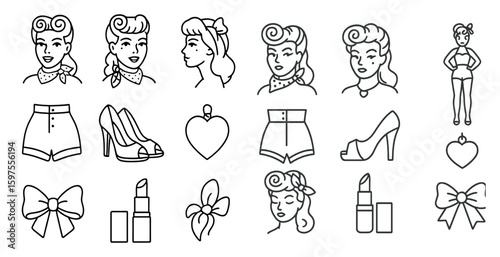 Retro fashion outline icons set – vintage, linear, beauty and style symbols
