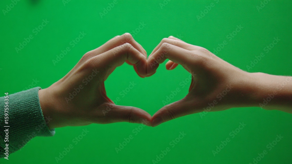 Obraz premium Two hands gently intertwine their fingers to create a heart shape against a vivid green screen backdrop