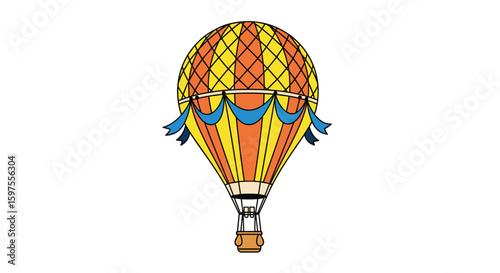 An enchanting vintage hot air balloon ascends gracefully into the sky