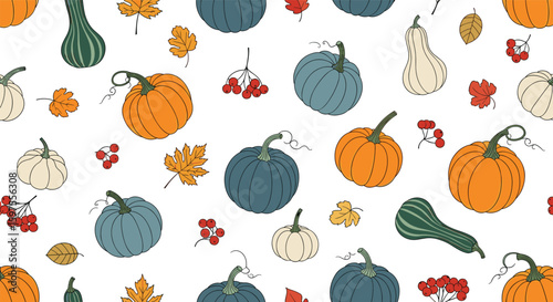 Autumn harvest gourds and berries seasonal fall collection pattern