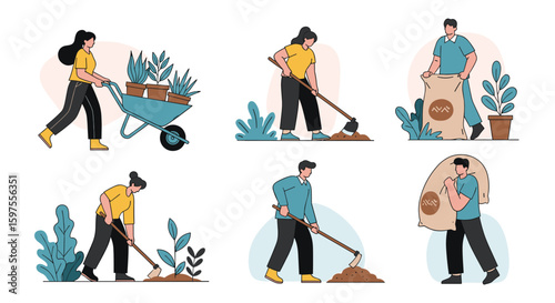 People actively engaged in various gardening activities and agricultural work outdoors