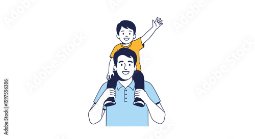 Father and son enjoying time together on his shoulders with joyful expression