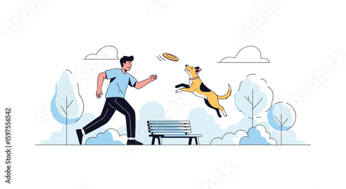 Man playing fetch with dog in park on sunny day enjoying outdoor activity