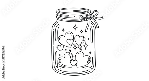 Illustrated mason jar filled with hearts and sparkles tied with a bow