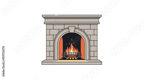 Cozy stone fireplace with crackling fire and warm glowing embers creating a relaxing atmosphere