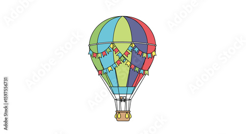 Whimsical colorful hot air balloon ascending with festive bunting floating gracefully through the sky above