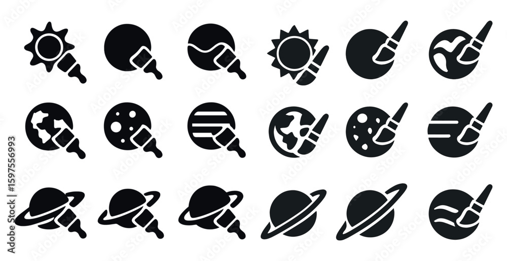 Fototapeta premium Astronomy and science solid icons set – space, planets, cosmic illustrations