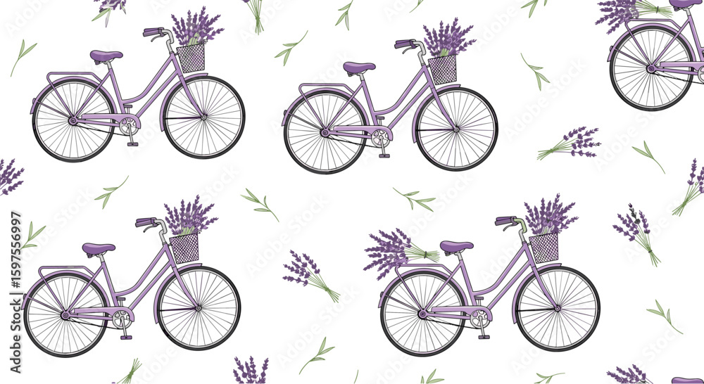 Obraz premium Charming retro bicycles with lavender flowers in wicker baskets pattern