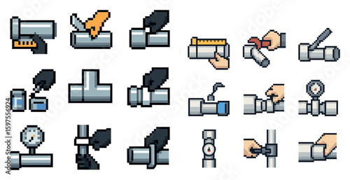 Plumbing tools pixel art icons set – pipes, repair, construction graphics