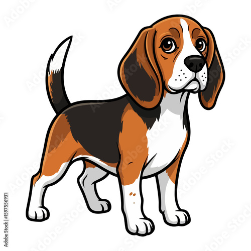 Beagle flat vector, colored cartoon with line art and white background. AI generated image.