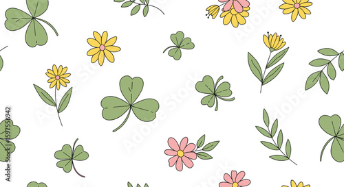 Charming ditsy floral and clover pattern illustration delicate spring botanical design elements