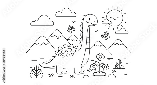 Cute dinosaur and mountains in a sunny day with butterflies and flowers scene