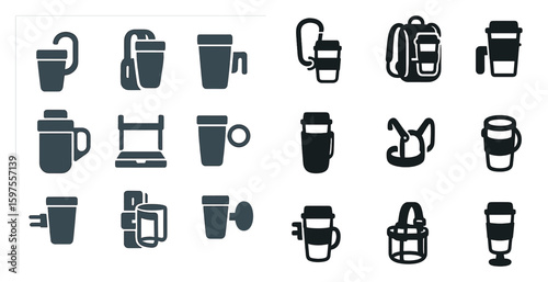 Travel mug silhouette icons set – solid, filled, camping and outdoor symbols