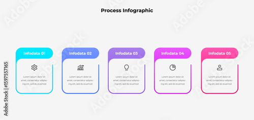 Infographic template displaying a process with five steps, icons, and text descriptions. Ideal for business, education, and presentations to visualize workflows and concepts