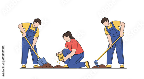 Gardening team working together planting flowers and vegetables in the soil