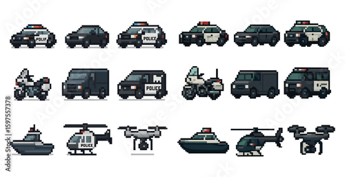 Police vehicles pixel art icons set – isometric, emergency, law enforcement graphics