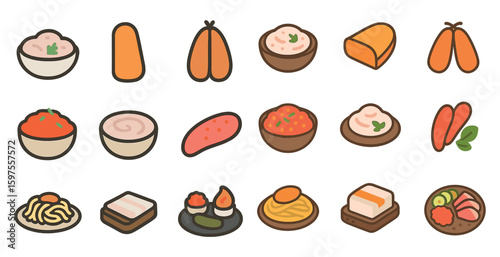 Japanese food icons set – flat, filled, sushi and culinary culture symbols