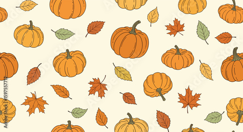 Autumn harvest pumpkin patch leafy fall season festive decoration background pattern