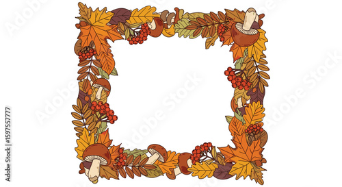 Charming autumn foliage border design with woodland creatures and berries illustration
