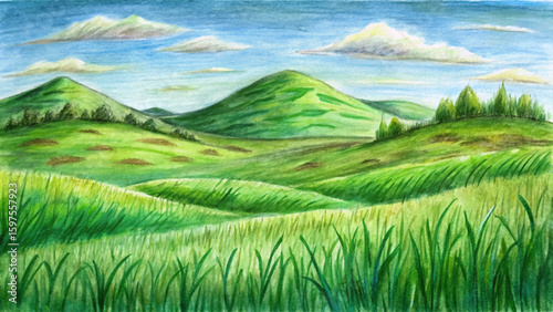 Vector sketch of green grass field on small rolling hills. Scenic rural countryside, meadows, pastures, grassland, farm field landscape. Peaceful nature panorama illustration design