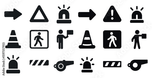 Traffic and safety solid icons set – silhouette, filled, warning and alert symbols