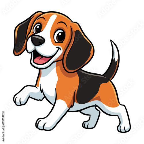 Beagle flat vector, colored cartoon with line art and white background. AI generated image.