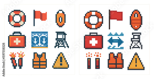 Nautical safety icons set – pixel art, filled, maritime and rescue symbols