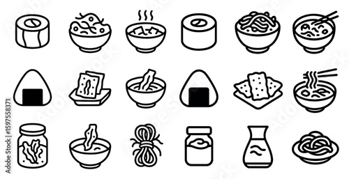 Japanese food outline icons set – sushi, noodles, traditional cuisine symbols