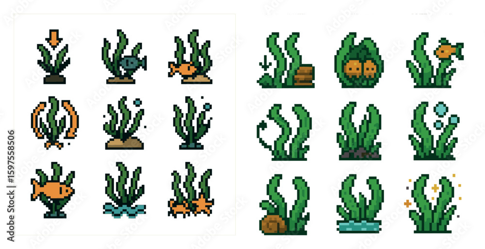 Obraz premium Aquatic life pixel art icons set – sea creatures, marine, underwater symbols