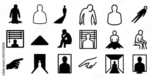 Mystery and isolation silhouette icons set – shadow, persona, solitude symbols