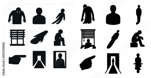 Mystery and horror silhouette icons set – solid, filled, eerie and spooky graphics